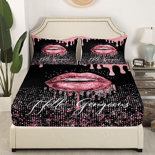 Miniatura 3 de Manfei Juego de sábanas con purpurina rosa, tamaño King, juego de sábanas de labios sexys de 4 piezas con sábana bajera de bolsillo profundo +