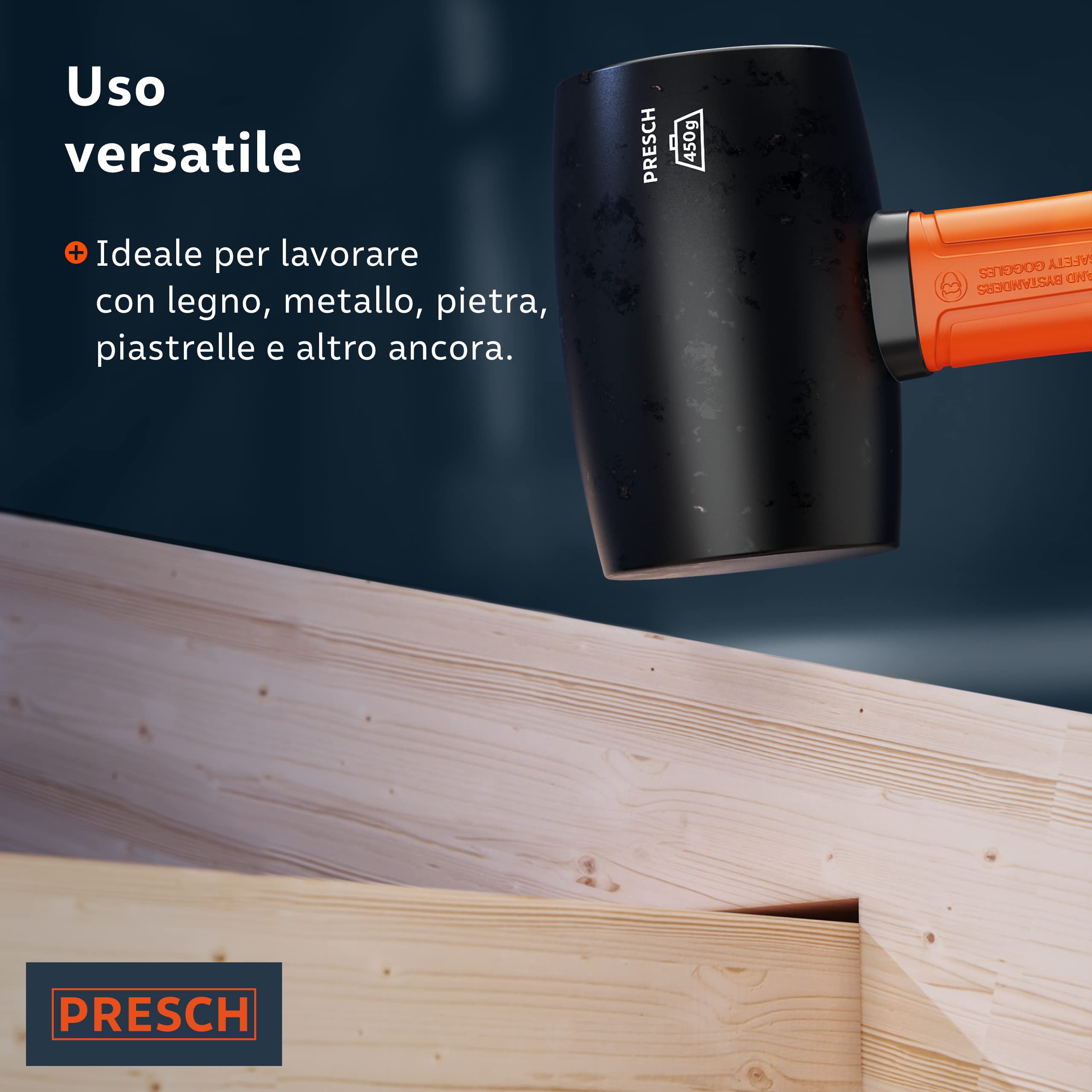 Presch Martello di gomma 450 g Mazza con manico in fibra di vetro ⌀ 55 mm Testa in materiale naturale per esterni