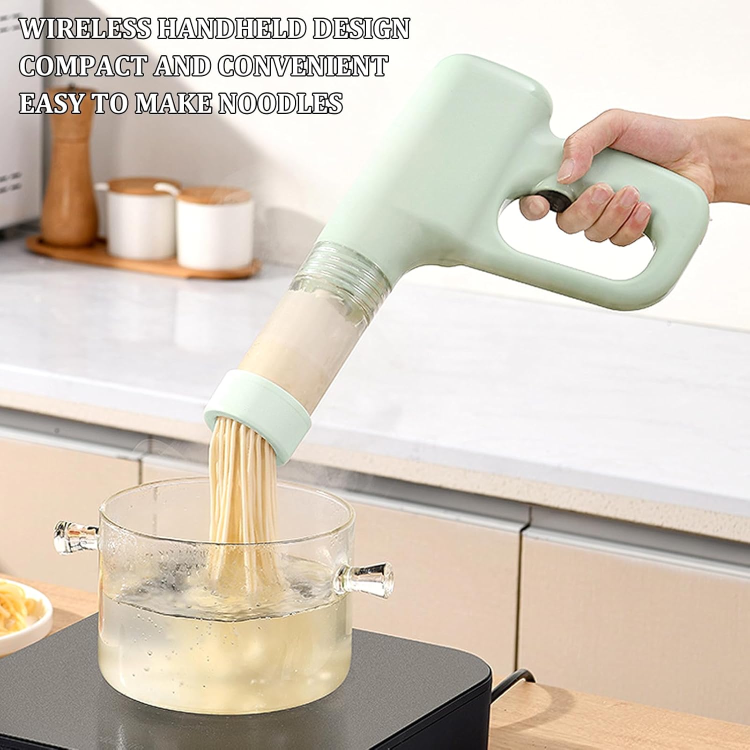 Upgraded Version Handheld Electric Pasta Maker,Automatic Spaghetti Maker Pasta with Mold and Cutting Tools,Cordless Pasta Machine,Portable Noodle Maker with Dough Cutter,Green