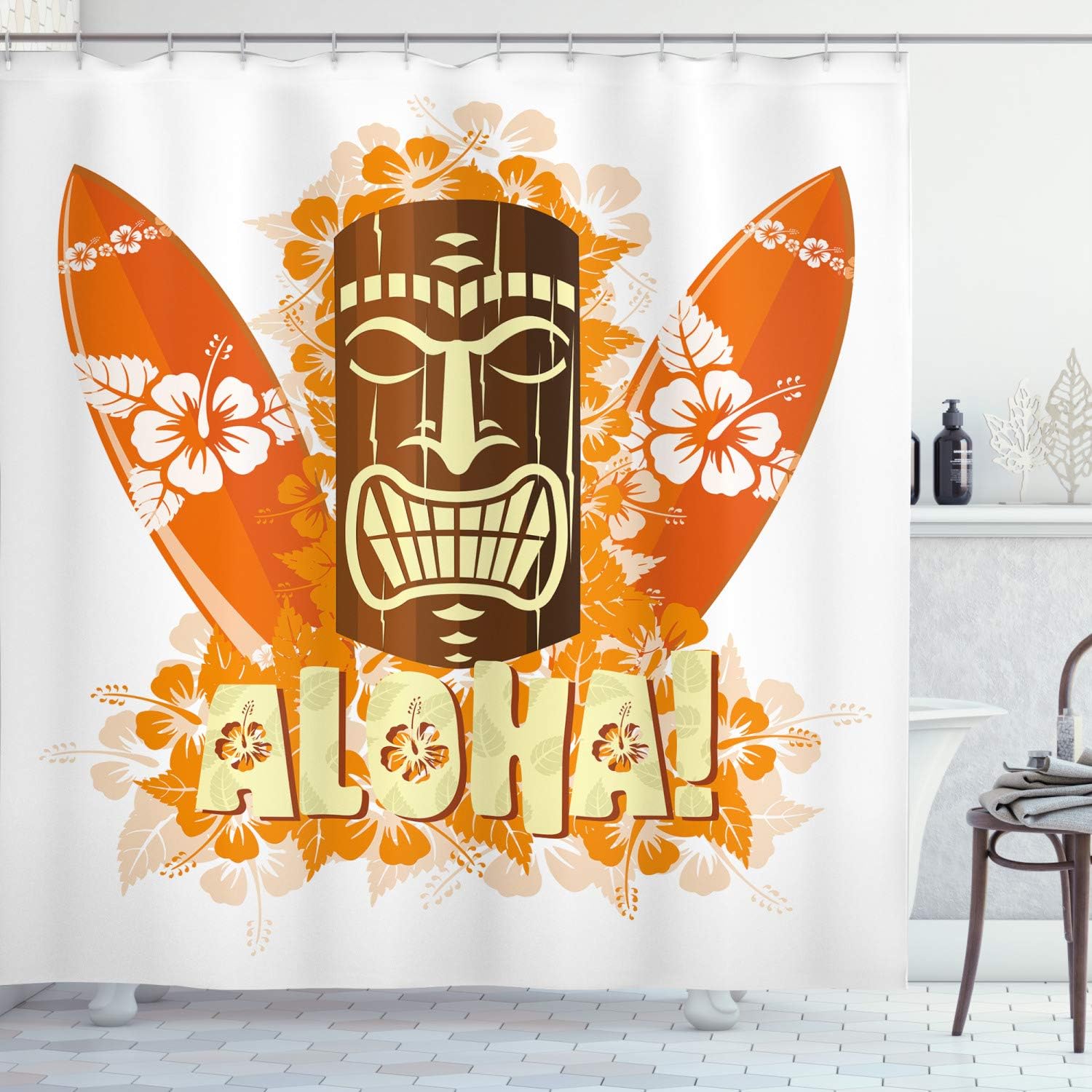 Ambesonne Tiki Bar Shower Curtain, Hibiscus Flora Burst Orange Surfboards Aloha Tropical Summer Season, Cloth Fabric Bathroom Decor Set with Hooks, 69" W x 84" L, Orange Brown Pale Yellow
