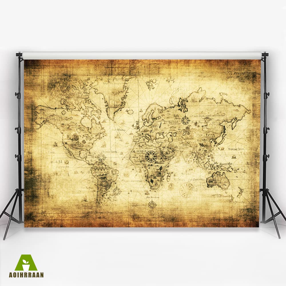 Aoihrraan 3x2m Vintage Mondo Mappa Fotografia Sfondo Bussola Vintage tesoro caccia pergamena mappa Sfondo Ragazzo Camera Arredamento Benvenuto Avventura Attende Compleanno Festa Ritratto Foto Prop