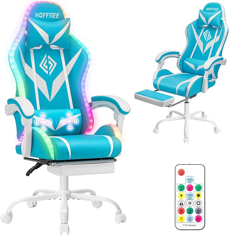 HOFFREE Gaming Chair with LED RGB Lights Massage Ergonomic Video Game Chairs with Footrest High Back Reclining Computer Chair with Adjustable Lumbar Support Blue and White | Massager Gaming Chairs for Adults and Kids Video Game Chairs High Back Reclining Gamer Chair with Footrest Lumbar Support
