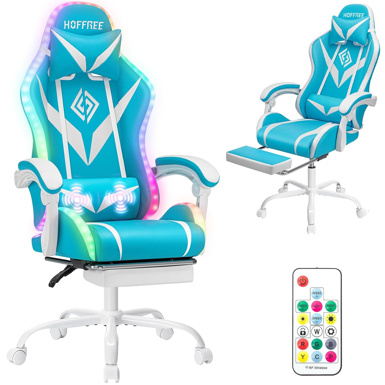 HOFFREE Gaming Chair with LED RGB Lights Massage Ergonomic Video Game Chairs with Footrest High Back Reclining Computer Ch