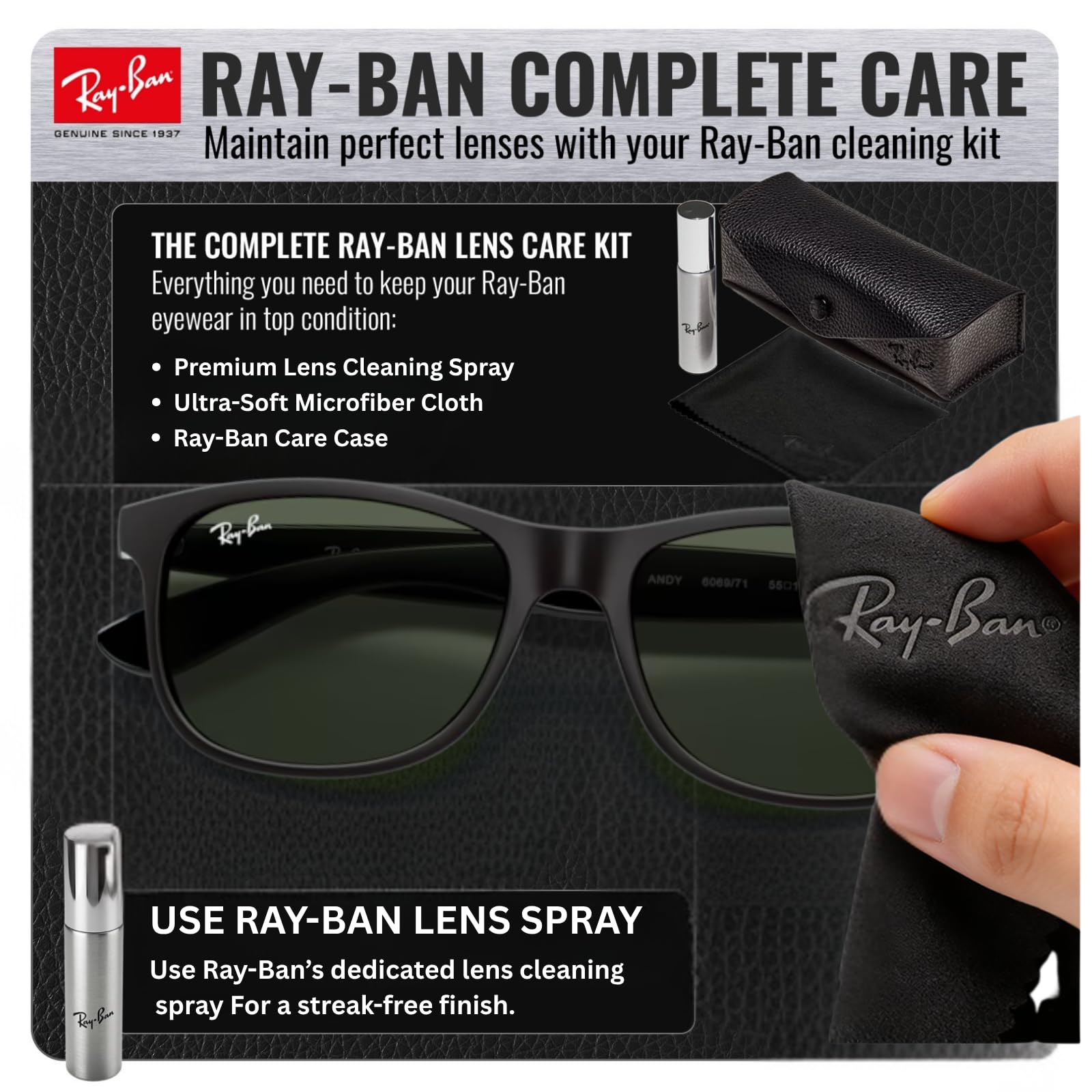 Ray-Ban RB4202 Andy quadratische Sonnenbrille, BRILLEN-SET | Exklusiv-Etui und Care-Kit | Matt Black/G-15 Green