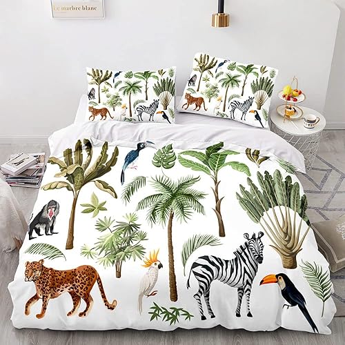 Chickwin Funda de edredón tamaño individual para niños, juego de ropa de cama de animales de la selva de dibujos animados 3D, microfibra lavada,