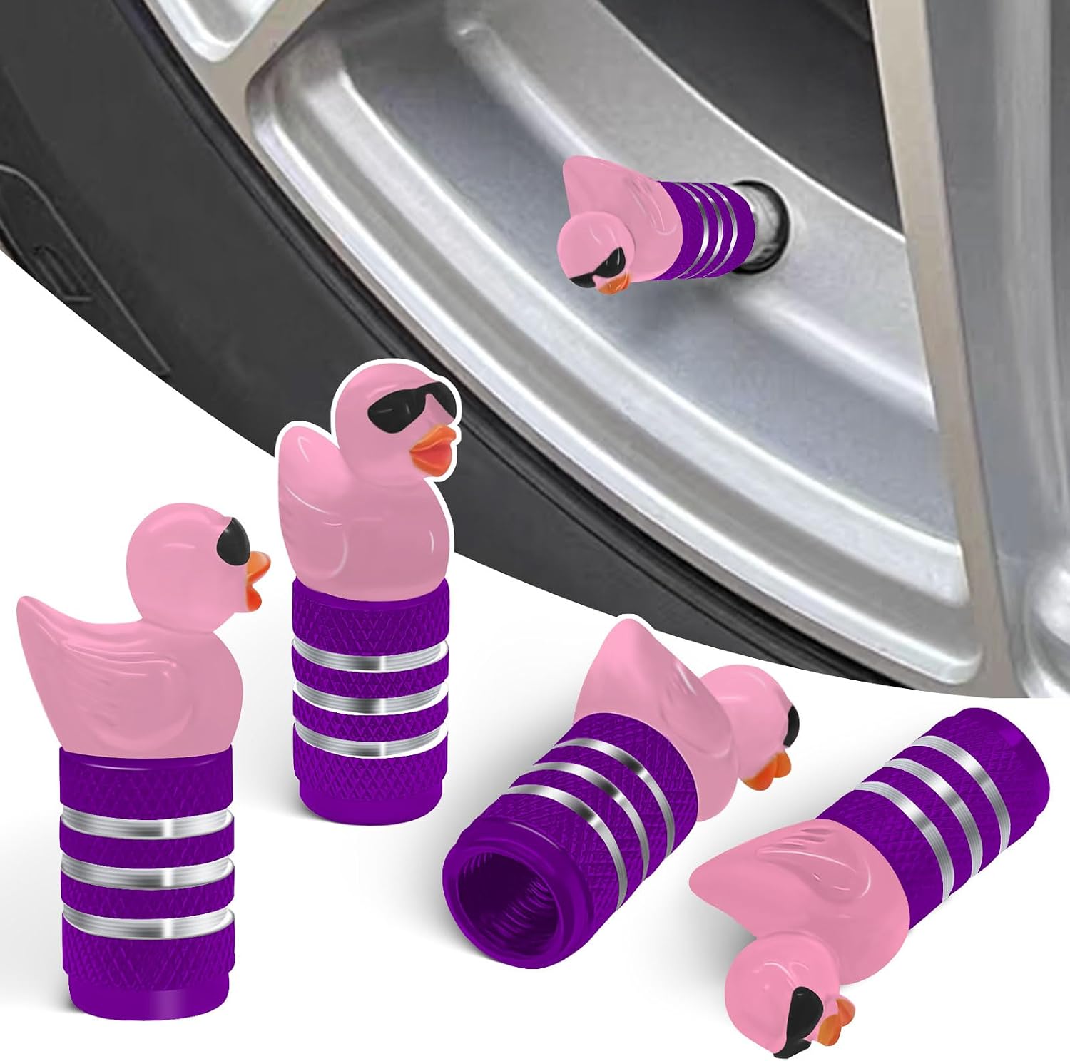 Sunglasses Duck Tire Caps 4 Pack,Cute and Funny Red Car Tire Valve Stem Caps,Universal Valve Stem Covers for Cars Trucks Motorcycles SUVs and Bikes.(Pink Circular)