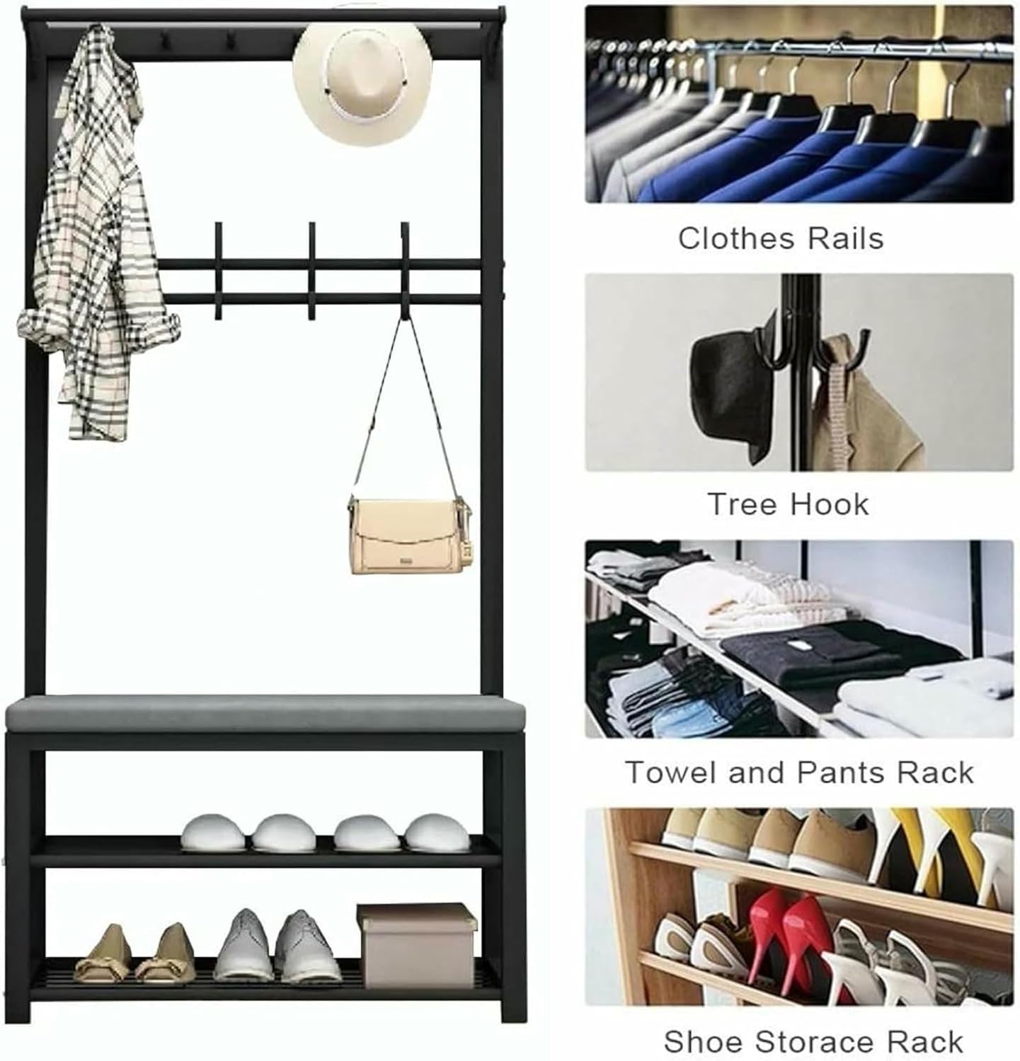 4 in 1 Entryway Hall Tree, with Shoe Bench, Coat Rack Shoe Storage for 6-8 Pairs, Freestanding Coat Stand for Entryway Hallway, with 2-Tier Shoe Rack and 10 Hooks Easy to Assemble
