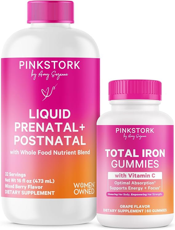 Pink Stork Prenatal Nutrition & Iron Bundle | Liquid Prenatal Vitamin with Organic Blend & Iron Supplement with Vitamin C | Energy, Morning Sickness, Focus & Blood Cell Production Support