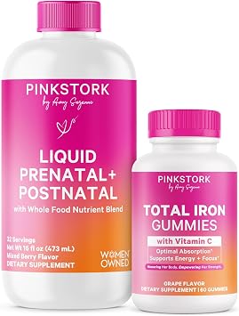 Pink Stork Prenatal Nutrition & Iron Bundle | Liquid Prenatal Vitamin with Organic Blend & Iron Supplement with Vitamin C | Energy, Morning Sickness, Focus & Blood Cell Production Support