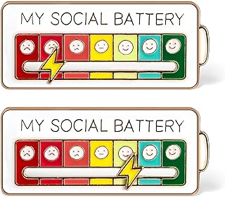 2pcs Social Battery Pin, Double Buckle Social Battery Slider Pin Lapel My Social Battery Badge Funny Enamel Emotional Pin Social Indicator Pin Mood Conversion Brooch Pin for 7 Days A Week (White)