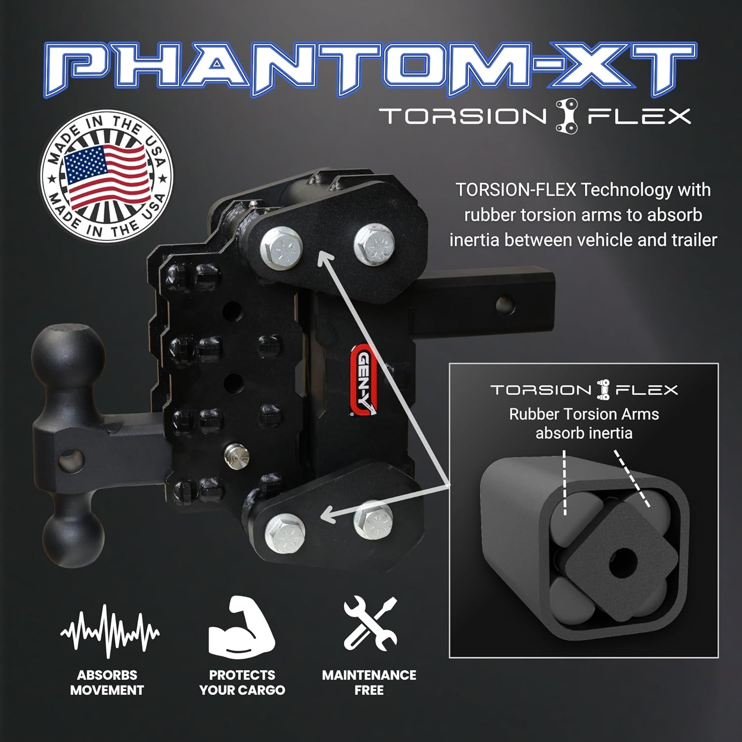 GEN-Y Hitch Phantom-XT Torsion-Flex Hitch with Dual Ball Mount for 2" Receiver, 4.25" Drop, 10,000 LBS Towing Capacity - 1,000 LB Tongue Weight, Black