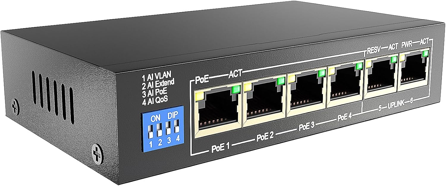 ENS 6 Ports PoE Switch, 4 PoE 60W, 100 Mbps 800 ft, Standard IEEE 802 3i/3u/3x/af/at Protocol, 30W max Power Every Single Port, 4 Working Mode, Perfect for IP Camera System, Wireless AP, IP Phone