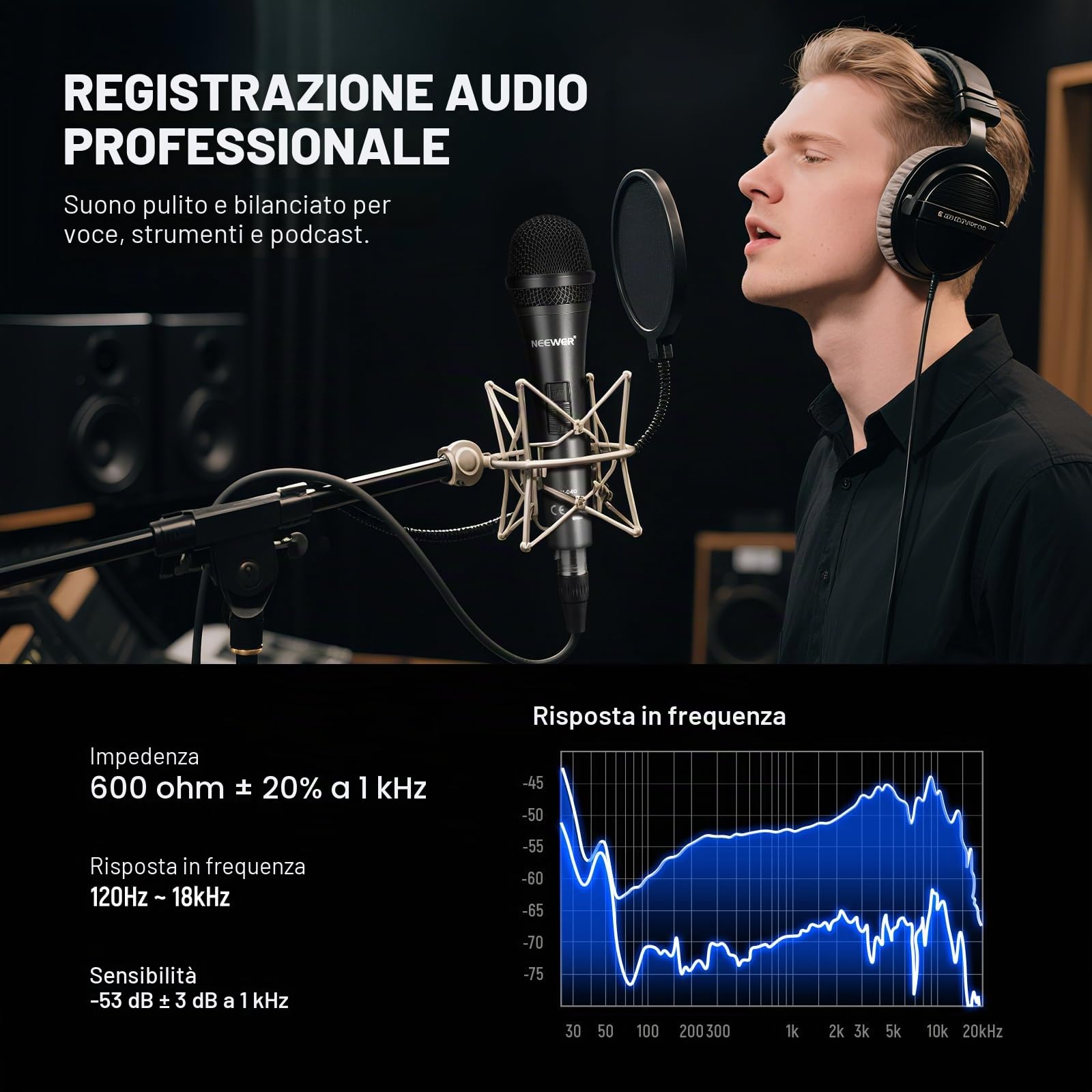 Neewer Microfono Dinamico Cardioide con Cavo Maschio XLR a Femmina XLR, Costruzione Metallica Rigida per Pickup Professionale di Strumenti Musicali, Voce, Radiodiffusione, Discorso, Nero(NW-040)