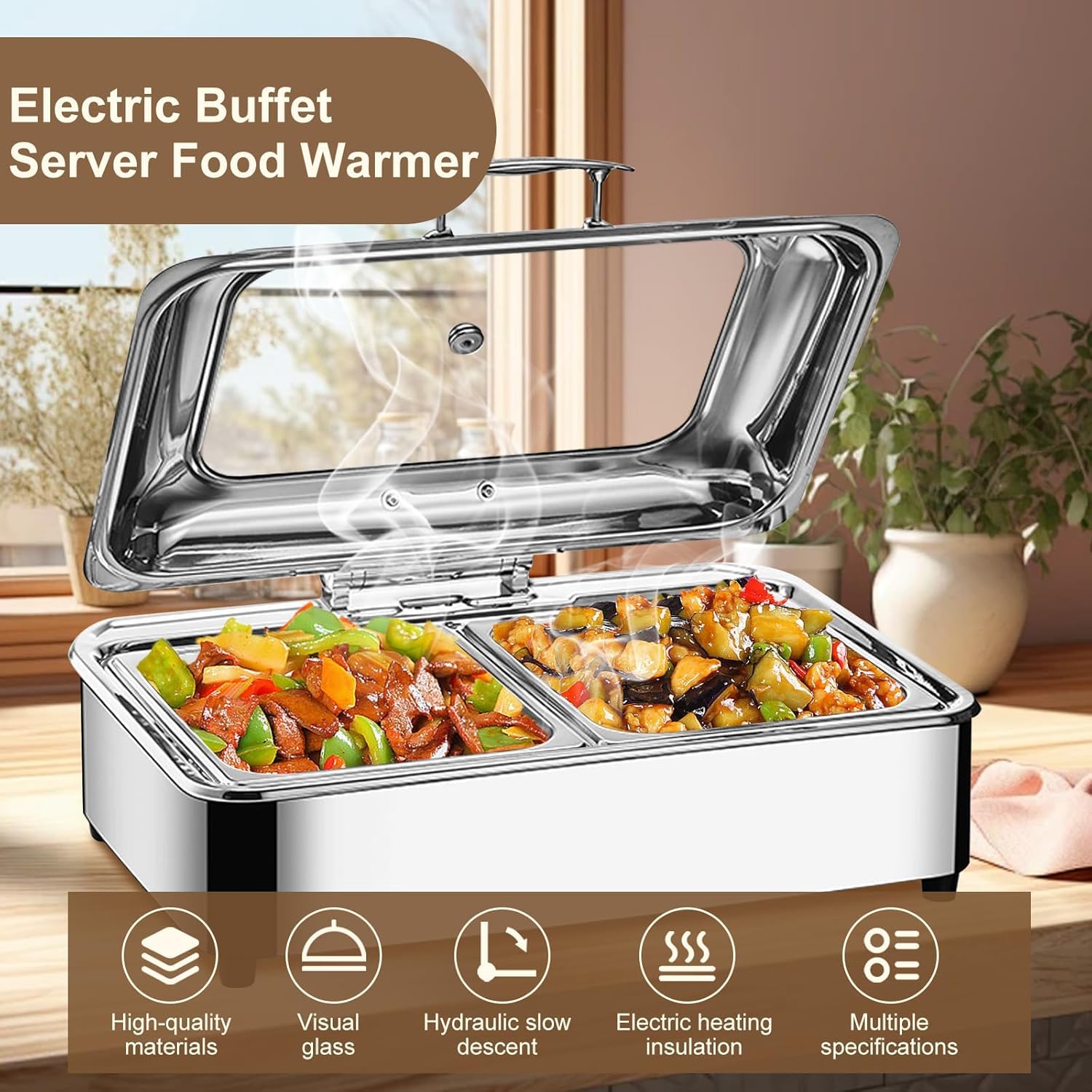 Scaldavivande Buffet Elettrico 9L Professionale Acciaio Inox (1) | Chafing Dish Elettrico con Temperatura Regolabile 35-90℃, Vassoio Riscaldante per Alimenti, per Hotel Ristoranti e Catering