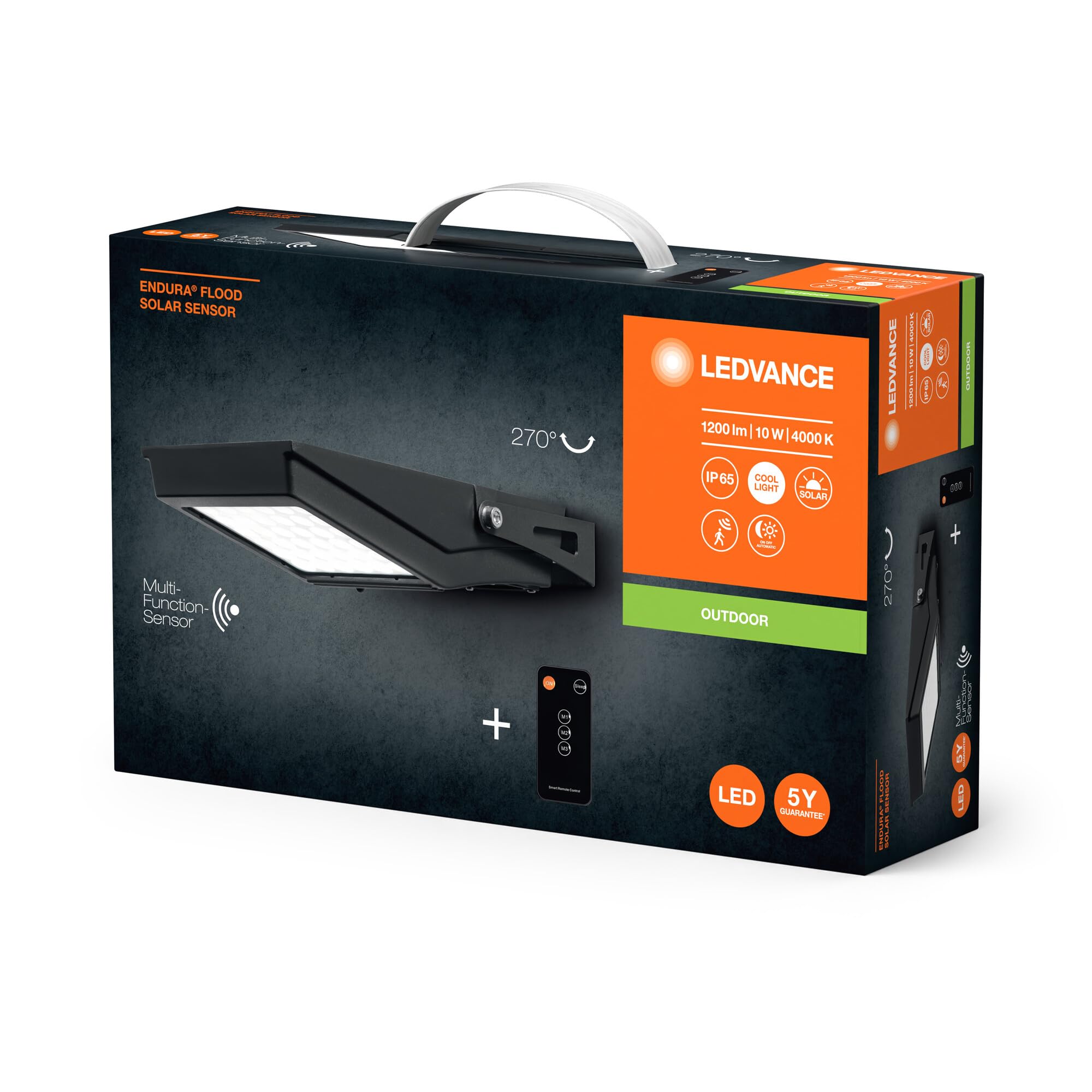 Ledvance, LEDVANCE ENDURA Flood Solar naświetlacz LED, 10 W, zasilany energią słoneczną, wbudowany czujnik, zimnobiałe światło, pilot zdalnego sterowania, baterii do 4 godzin pełnej jasności, IP65