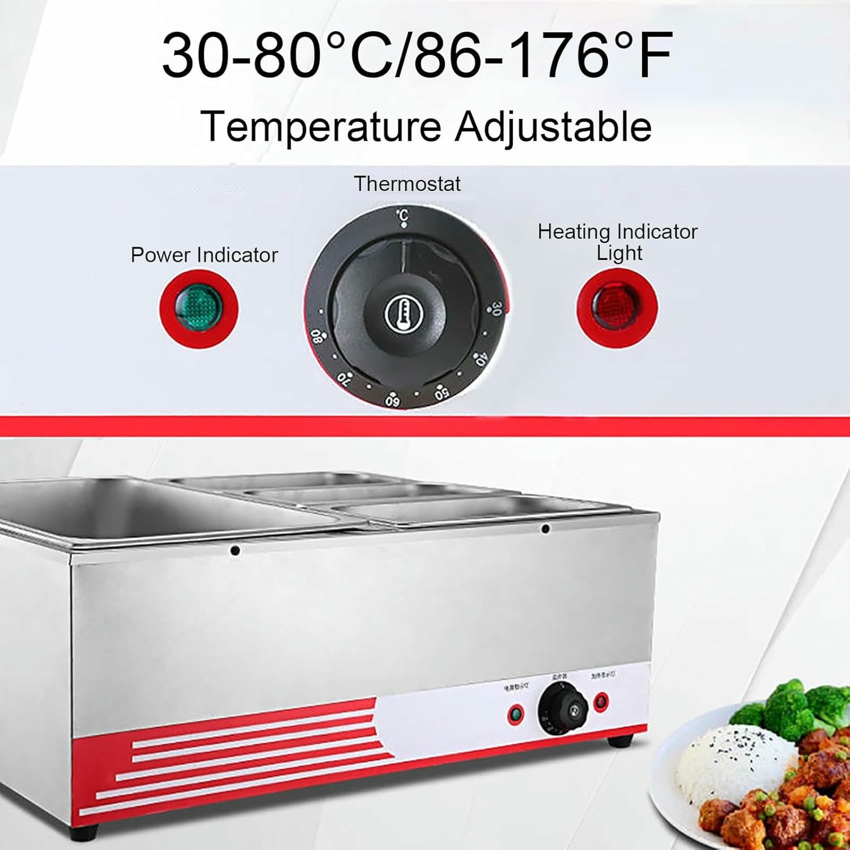 Buffet eléctrico de Acero Inoxidable con calefacción de Plataforma y Control de Temperatura, Ideal para restaurantes, Servicios de Catering, cafeterías, Vacaciones en ca,6 Pan