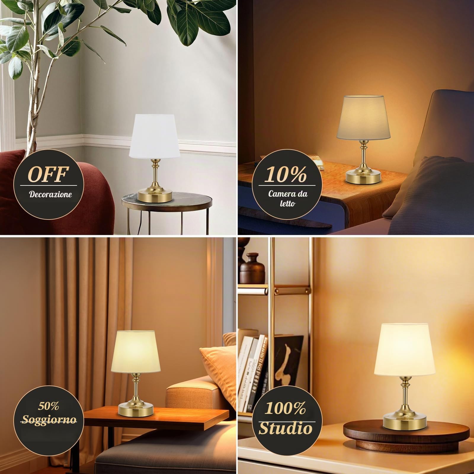 Piccolo Lampada da Tavolo LED Senza Fili, Batteria Ricaricabile, Dimmerabile, Paralume in Lino Bianco, Lampada da Comodino LED per Camera da letto, Sala da Pranzo, Soggiorno, Deco(Ottone)