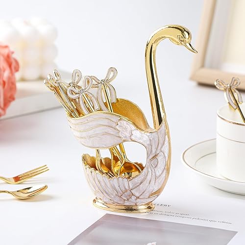 Miniatura 6 de Soporte de base de cisne dorado, cucharas decorativas de cisne para postres, organizador de cucharas con 6 cucharas de café, elegantes cucharas de
