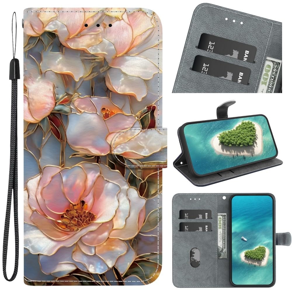Generic Étui compatible avec Google Pixel 4A 5G (motif : pivoine dorée) étui portefeuille en cuir à rabat