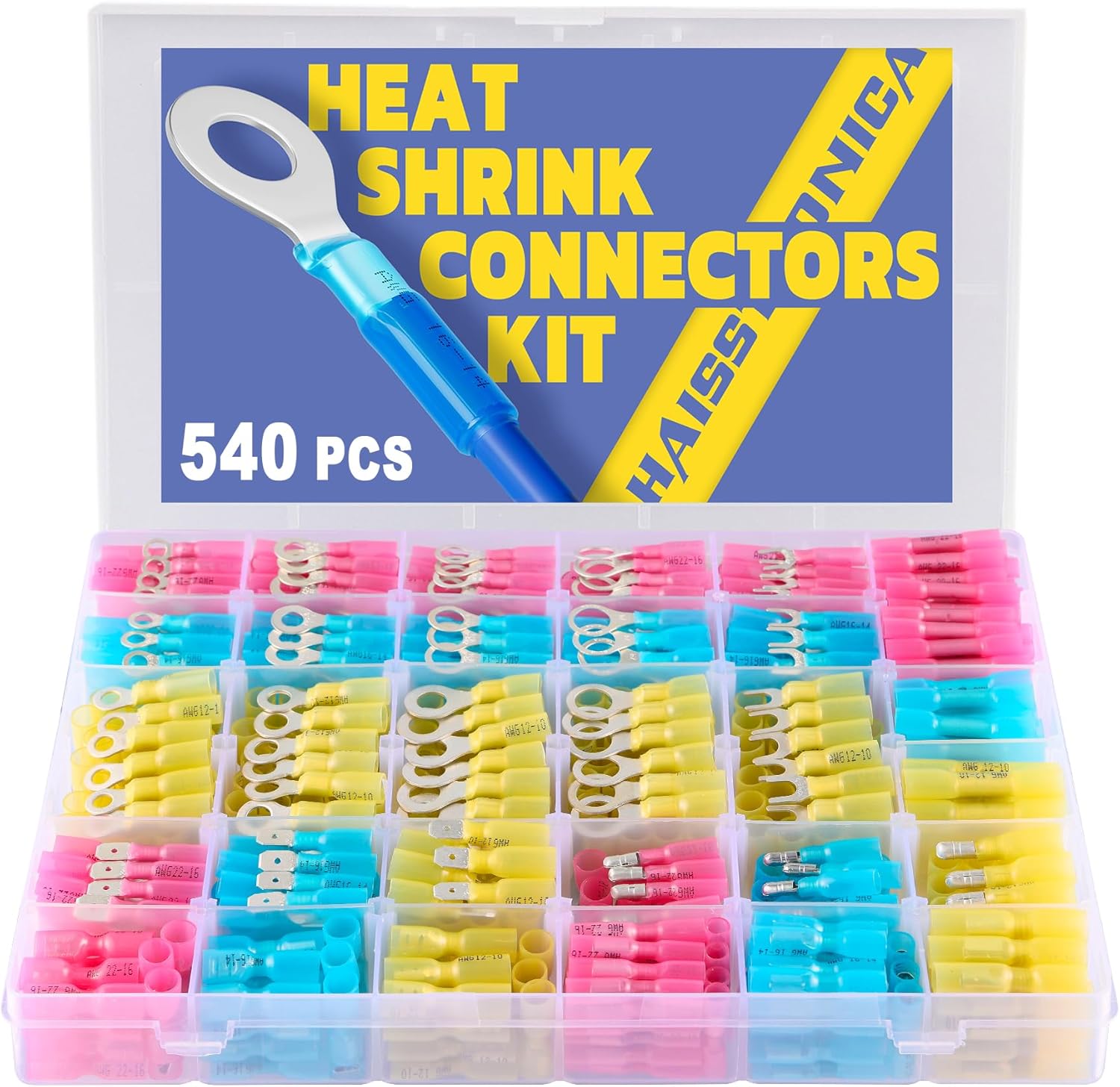 haisstronica 540PCS Marine Grade Heat Shrink Wire Connectors-Electrical Connectors Kit of Tinned Red Copper,16-14 22-16 12-10 Gauge Crimp Insulated Ring Fork Spade Bullet Butt Splices(3Colors/30Size)