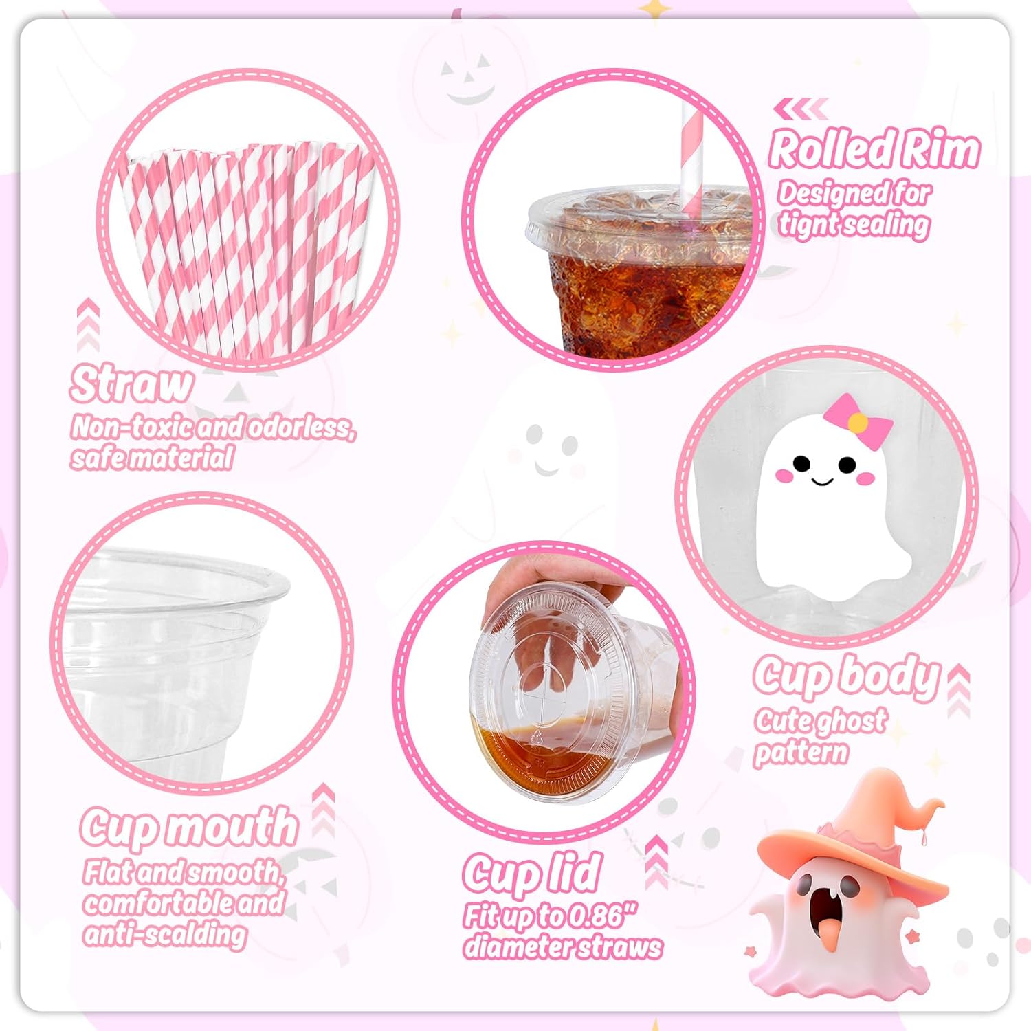 Whaline 50Pcs Halloween Disposable Plastic Cups with Lids and Straws Cute Pink White Ghost Cold Beverage Drinking Cups for Trick or Treat Birthday Party Supplies - Image 3