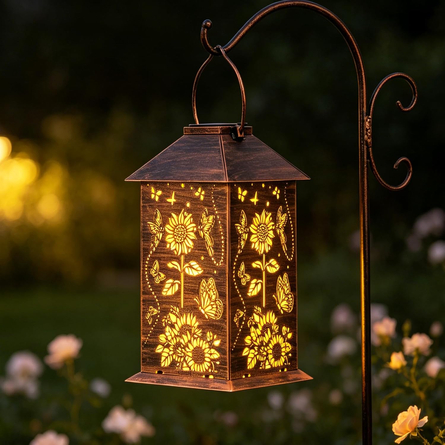 Sunflower Solar Lantern Outdoor Waterproof Hanging Christmas Lights Sunflower Butterfly Garden Decor Birthdays Gifts for Women Mom Grandma Metal Solar LED Light for Patio, Yard, Pathway,Landscape