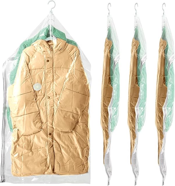 BRIAN & DANY Hanging Vacuum Space Saver Bags for Clothes, 4 Pack 135 x 70 cm Vacuum Seal Storage Bag for Suits, Dress Coats or Jackets, Closet Organizer