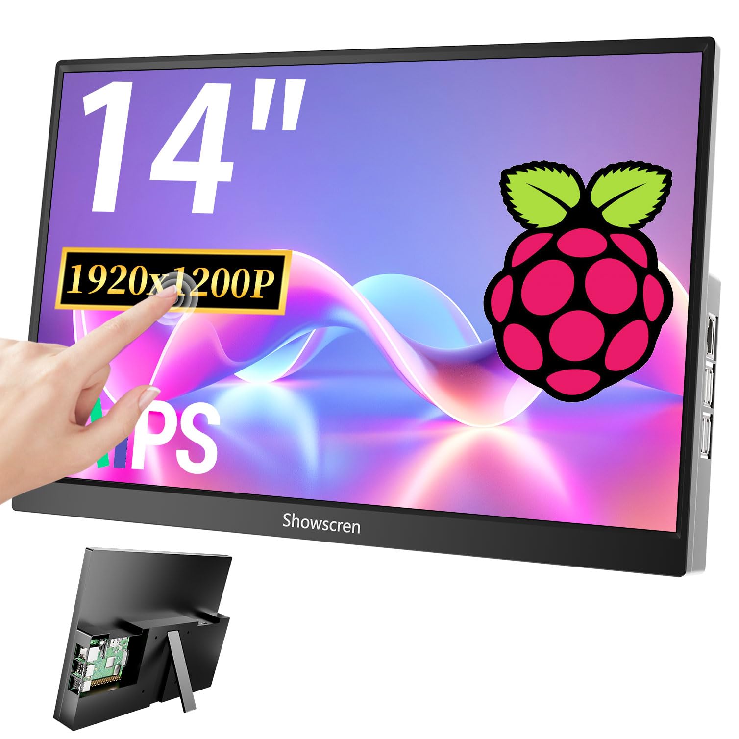 14inch Touchscreen Monitor for Raspberry Pi 5/4B/3B+/3B Screen, IPS Display Touch Screen, FHD 1920X1200,60hz,Built-in Speaker, HDMI USB-C Portable Monitor for Laptop Computer PS4/5 - 1