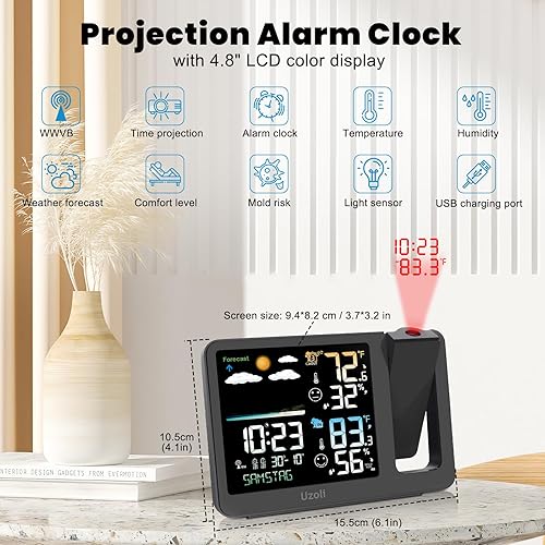 Miniatura 2 de uzoli WWVB - Reloj despertador de proyección, estación meteorológica, proyector atómico con sensor, retroiluminación ajustable, humedad de