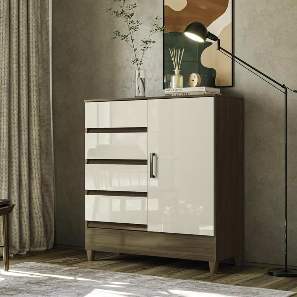 Cômoda 1 Porta 4 Gavetas com Pés Jequitibá/Off