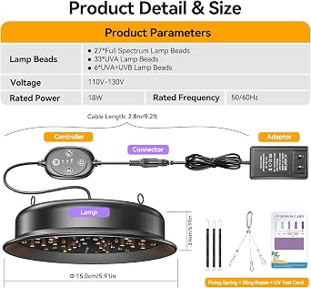 UVB Light for Reptiles, TFNN LED Reptile Light Fixture with Timer & Dimmable, Full Spectrum UVA UVB Reptile Lamp for Bearded Dragon Turtle Lizard Gecko Snake (18W)