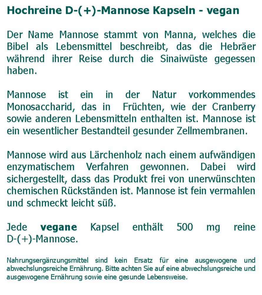 Hochreine Mannose 500 mg pro vegane Kapseln - 90 Stk. - ein Monatsvorrat