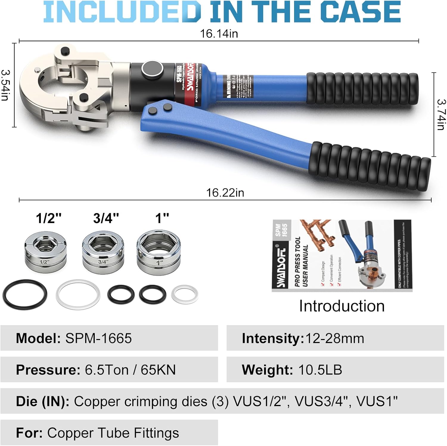 SWANSOFT Hydraulic Copper Pipe Crimping Tool with Interchangeable 1/2", 3/4", 1" Dies – Compact Pro Press Tool for Copper Tube Tight Spaces and Tee Fittings