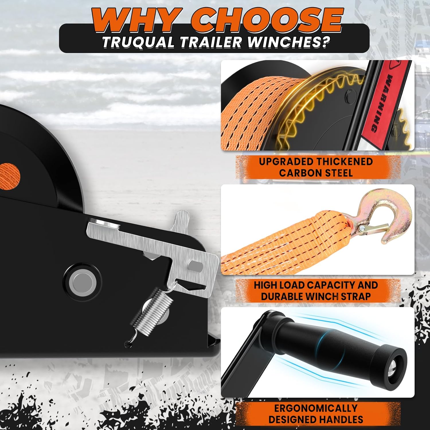 Boat Trailer Winch, Heavy Duty Hand Crank winch with 33FT Strap, 2- Way Ratchet and Ratio 4:1/8:1 Gear Two Speed Switchable 3500lbs Boat Winches for Trailers, Towing Truck, ATV, RV and Jet Ski