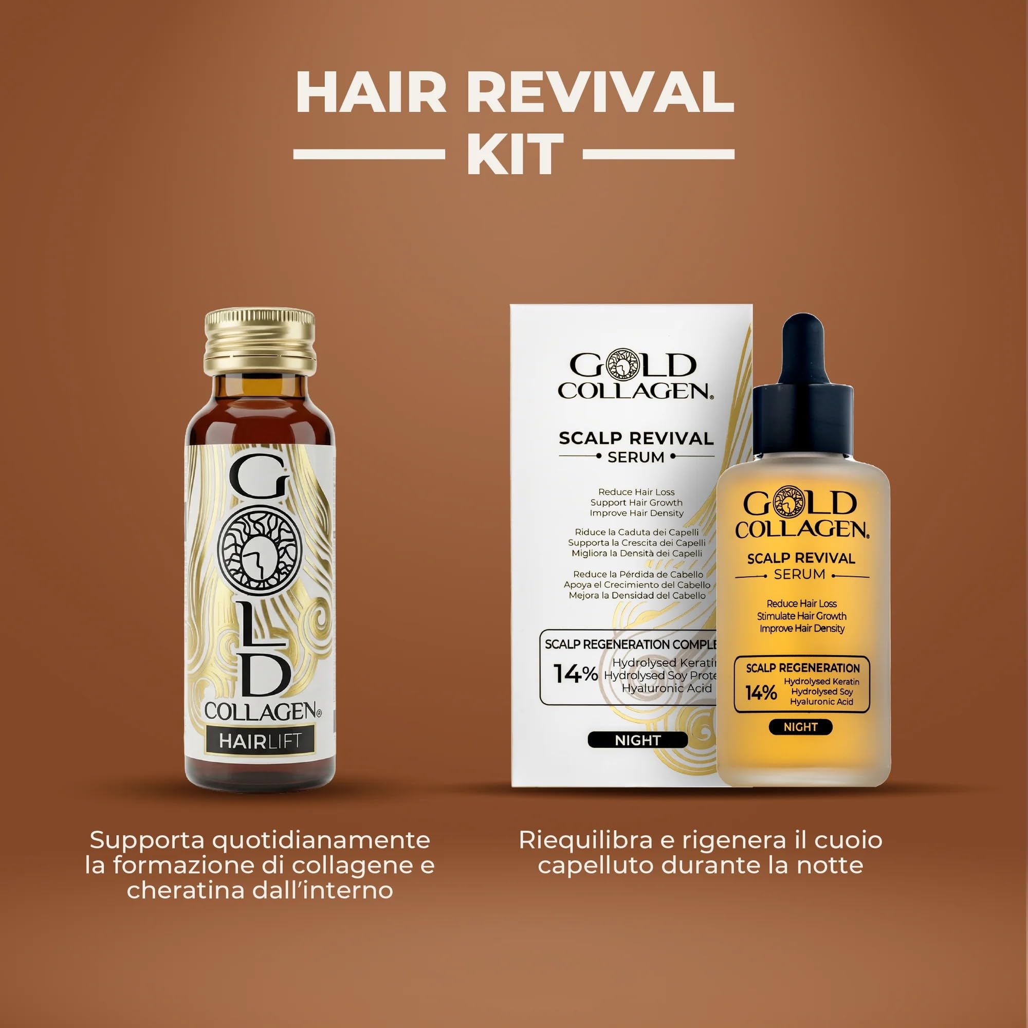 GOLD COLLAGEN Hairlift - Integratore Capelli Liquido al Collagene Marino con Acido Ialuronico, Biotina Capelli, Cheratina, Zinco, Vitamina C e B6, Fortifica Capelli Pelle Unghie - 10 Flaconi da 50 ml