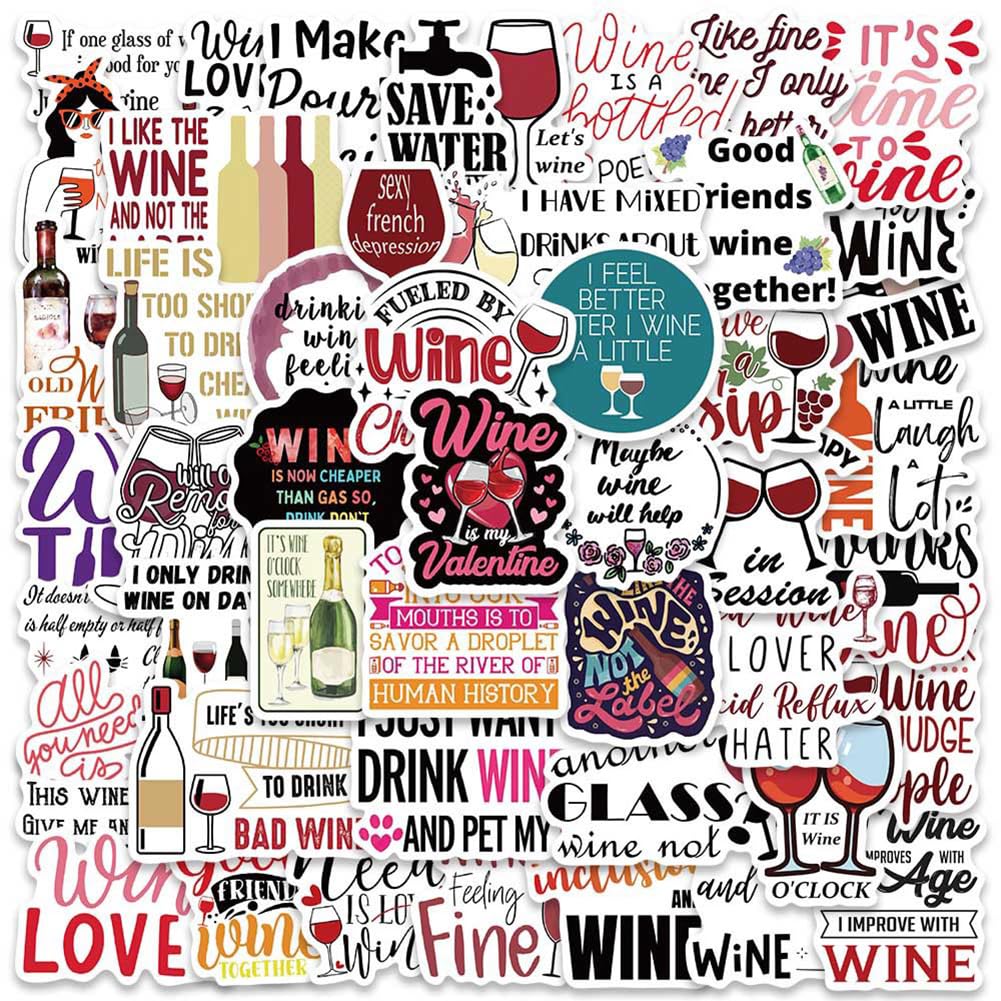 Wine Stickers |50Pcs Wine Quotes Waterproof Vinyl Decals for Water Bottles Laptop Luggage Cup Computer Mobile Phone Skateboard