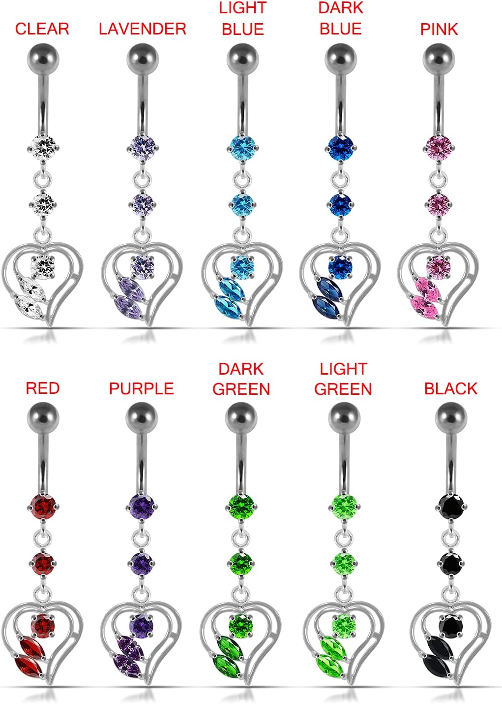 Stylish 2 Round with Cut Out Heart Dangling Design 925 Sterling Silver with Stainless Steel Belly Ring - Belly Button jewelry - Navel jewelry