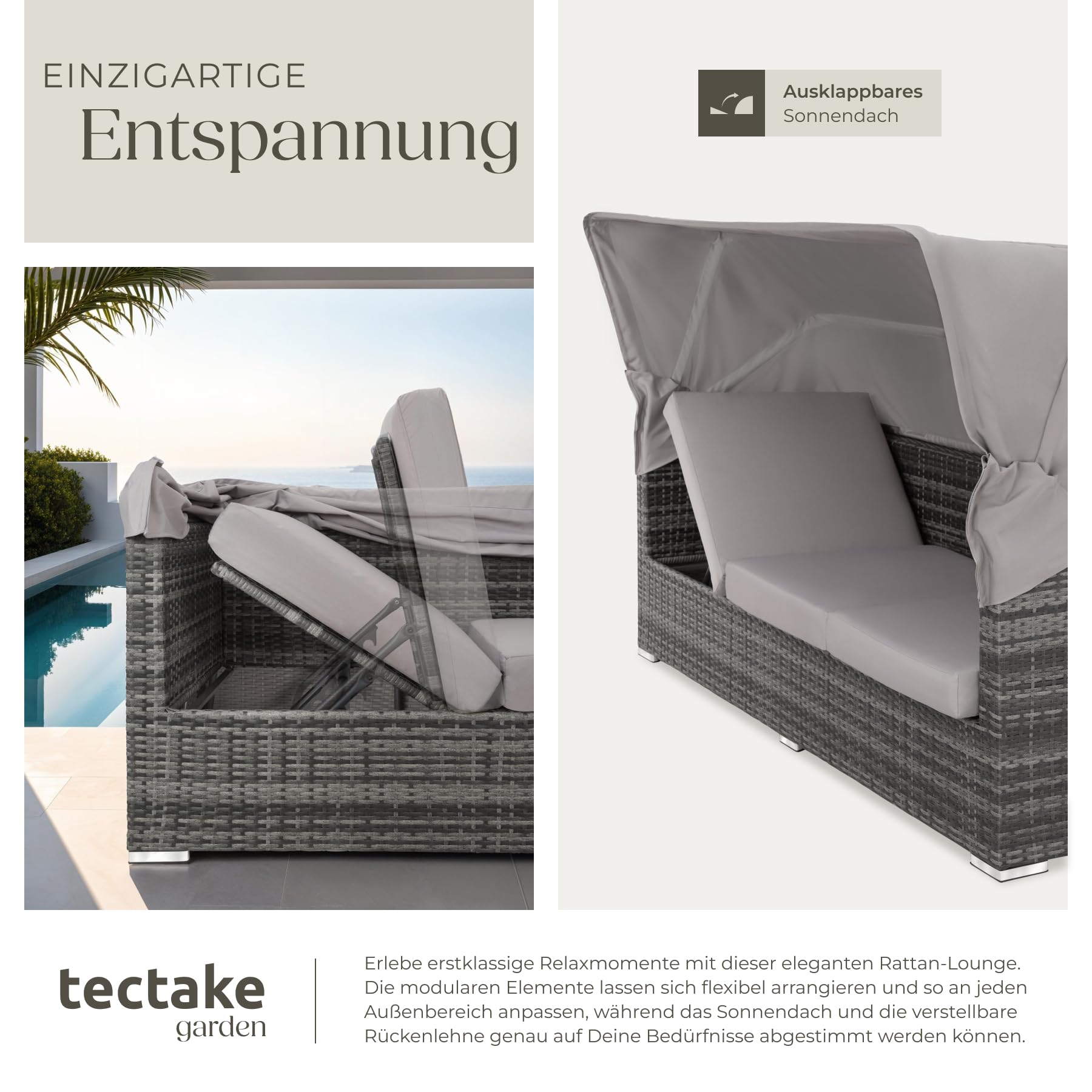 tectake® Rattan Sonneninsel Sitzgruppe, Alu Lounge Möbel Set inkl. Sofa mit Sonnendach, Hocker, Sesseln und Tisch, Outdoor Gartenmöbel, Loungemöbel Balkon und Garten, Terrassenmöbel, wetterfest - grau