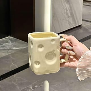 14.5oz Cheese-Shaped Ceramic Coffee Mug - Large Square-Style Handmade Design, ​​Cute​​ Novelty ​​Coffee Mug for Women Wife Mum Daughter Kids​​,Gift for Cheese Lovers(Cheese White)