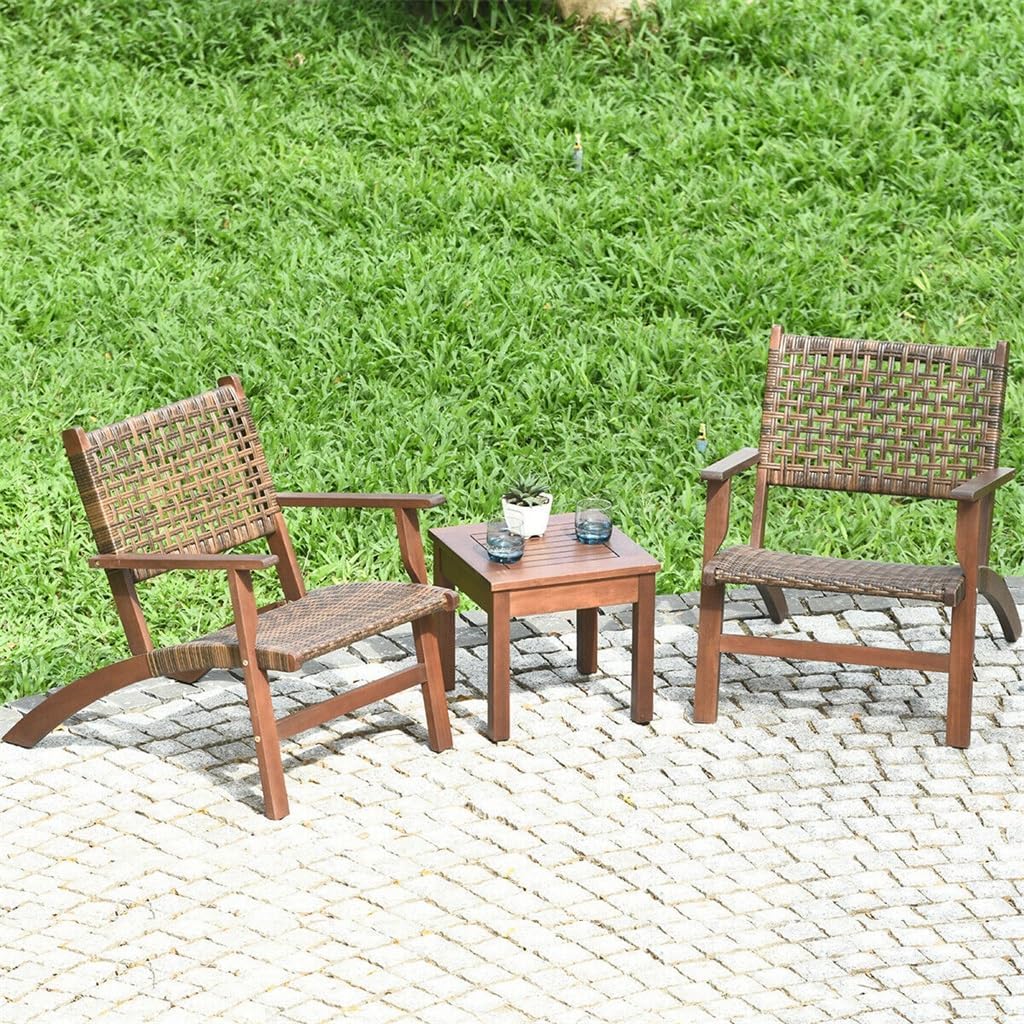 3PCS Outdoor Patio Rattan Furniture Set Solid Wood Frame Chair Coffee Table