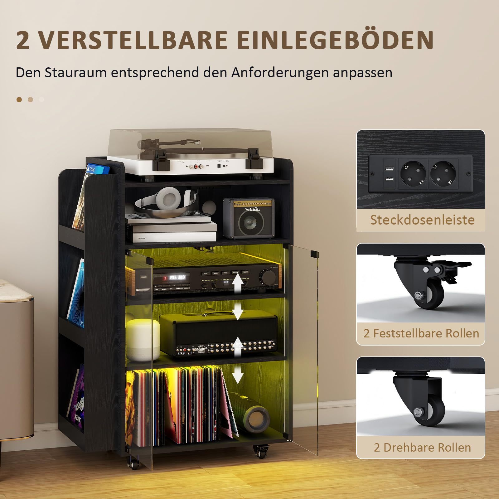 YU YUSING HiFi Rack mit Steckdosenleisten LED-Leuchten4 Ebenen mit Rädern