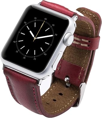 Tuscany Premium Leather Watch Band for Apple Watch Series 11 10 42mm, Series 9 8 7 6 5 4 3 & SE 3/2/1 41mm 40mm 38mm, Handmade, Watch Strap for Women & Men Burnt Red w/Silver Connector&Clasp
