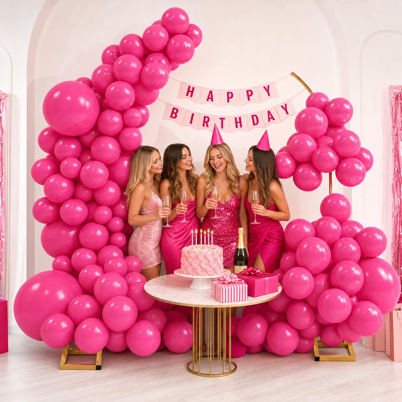 Kit di supporto per arco di palloncini con 145 palloncini rosa di diverse dimensioni, cornice in metallo con 8 sacchetti d'acqua, arco semi-aperto dorato per compleanno, baby shower, decorazioni per
