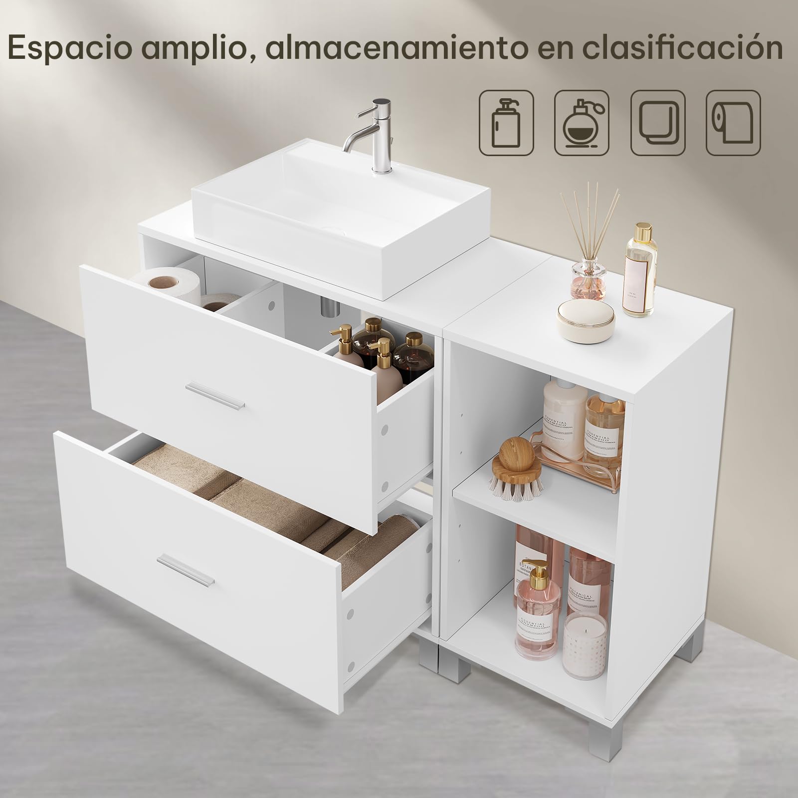 eSituro Armario de Baño de Pie, Mueble Bajo Lavabo con Cajones, Mueble Auxiliar de Baño, Estante Ajustable, Recorte Sifón 14,5 * 20 cm, Blanco