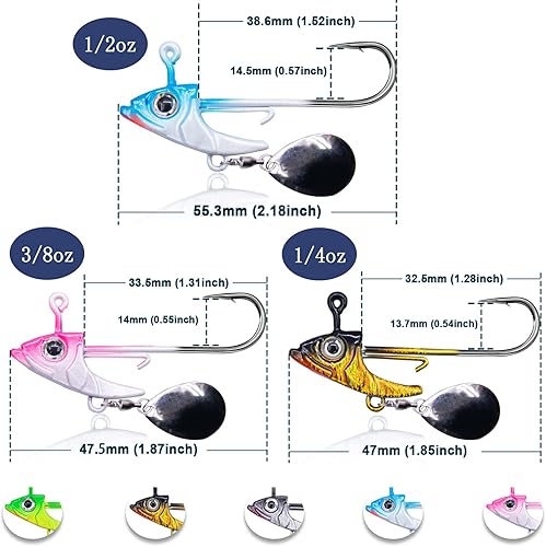 Miniatura 4 de FishTrip Underspin Jig Heads Ganchos  14 oz, 38 onzas, 12 oz Swimbait Jig Head con hoja giratoria para pesca de agua salada y agua dulce, 5 unidades
