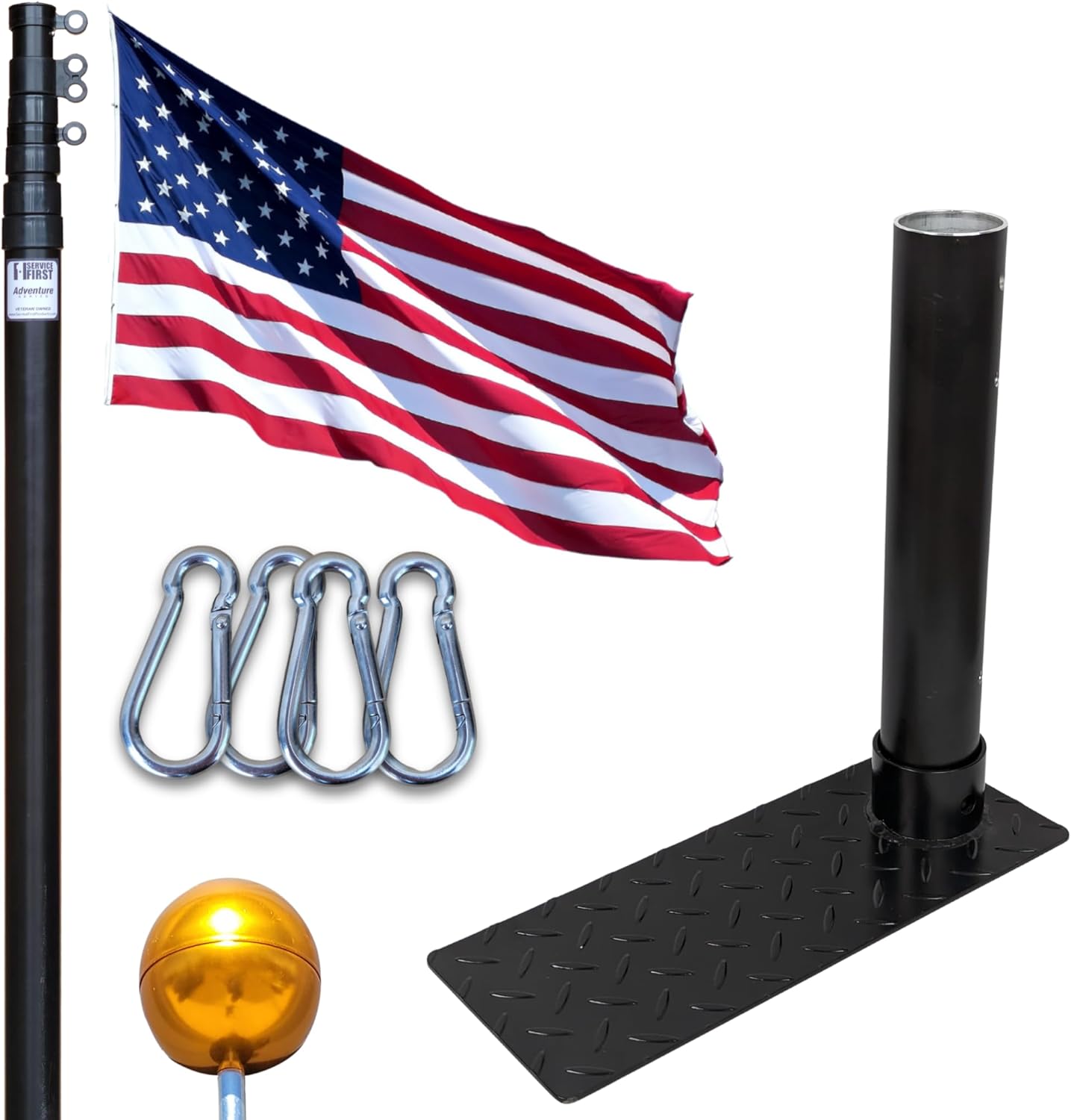 Service First Black Complete Tailgate Flag Pole Package 20FT Black with Stainless Steel Tire Mount and Swivel Rings - Includes Car Protector Foam Pad