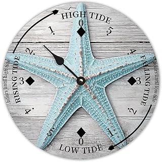 Beach Starfish Tide Clock Silent Non-Ticking Battery Operated Wooden Moon Tidal Clock Wood Wall Art Nautical Tide Movement Clock for Restaurant Living Room Home Decor 10 Inch