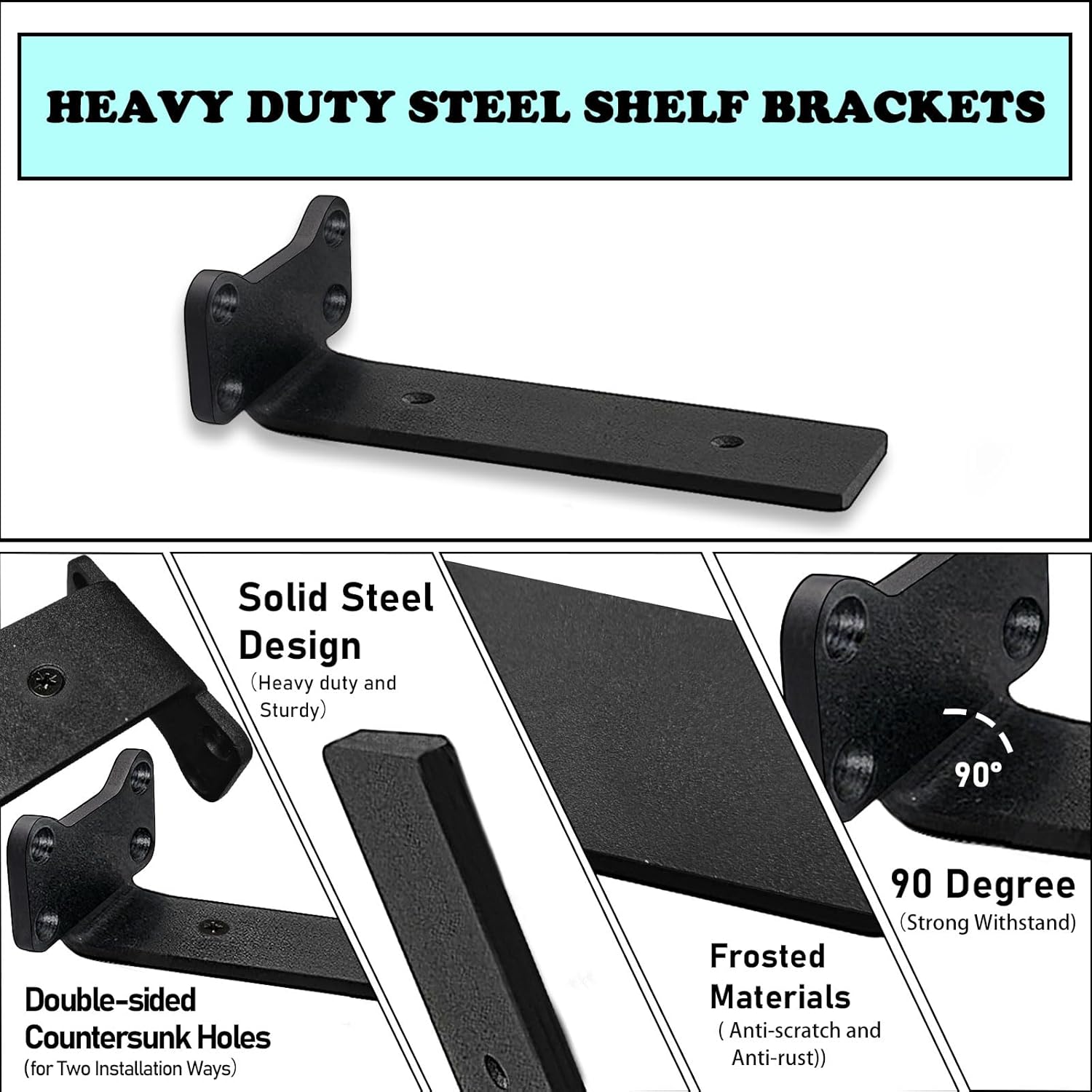 Shelf Brackets Heavy Duty Industrial L Shelf Bracket - 0.2 Inch Thick Premium Solid Steel Shelf Supports, Black Rustic Wall Brackets for Shelves - 12 Inch Floating Shelves Hardware (6 Pack)