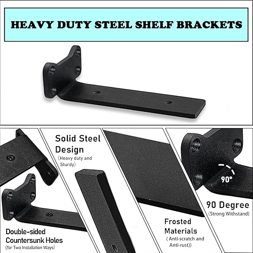 Miniatura 3 de Soportes de estante resistentes industriales en L - 0.2 pulgadas de grosor de acero sólido de alta calidad, soportes de pared rústicos negros para