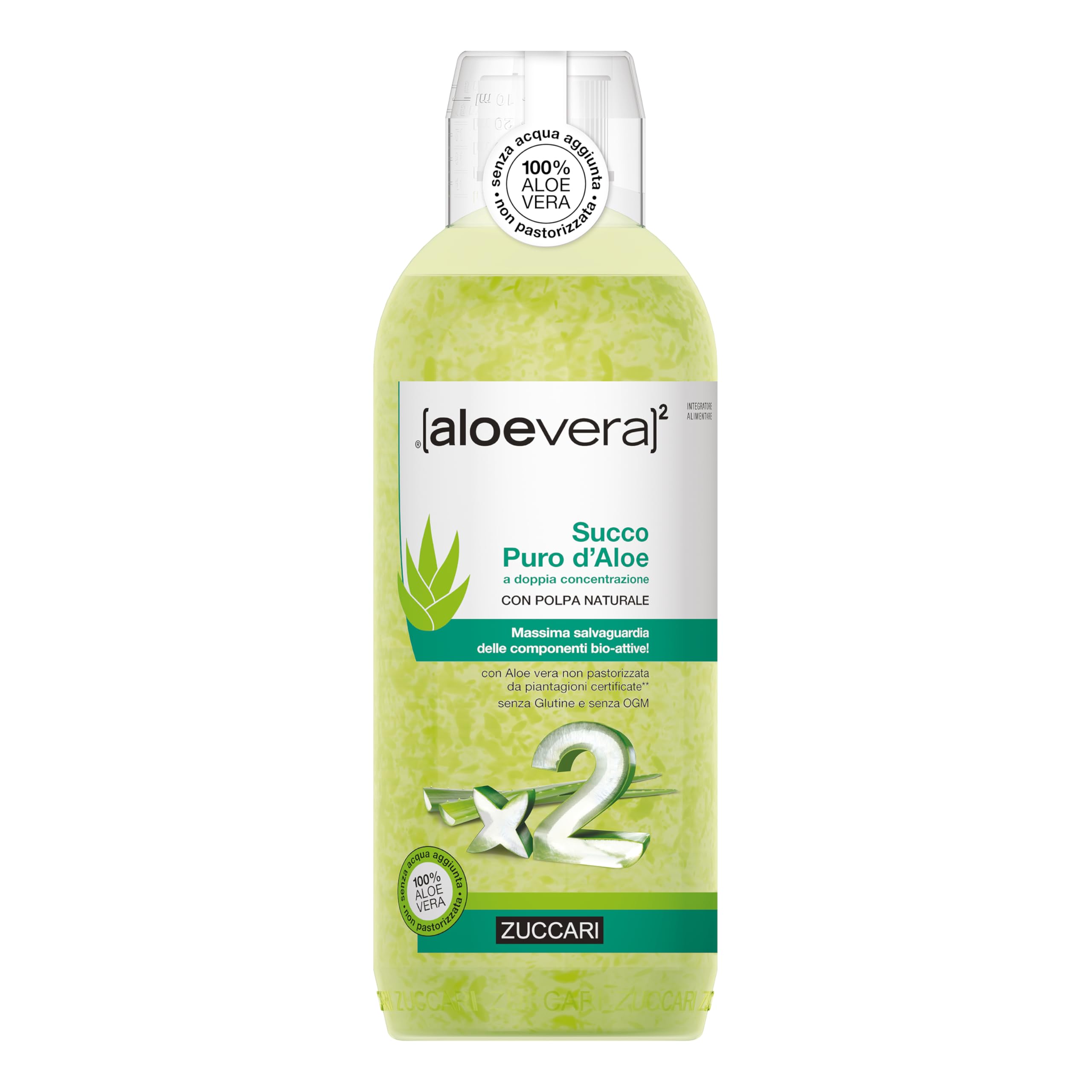 Zuccari ALOEVERA² Succo Puro d'Aloe, Bottiglia da 1000ml, Aloe Vera a Doppia Concentrazione, Non Pastorizzata, Supporto per la Depurazione e il Benessere Gastrointestinale